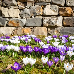 Spring crocuses bloom in a mossy garden bed next to a stone wall