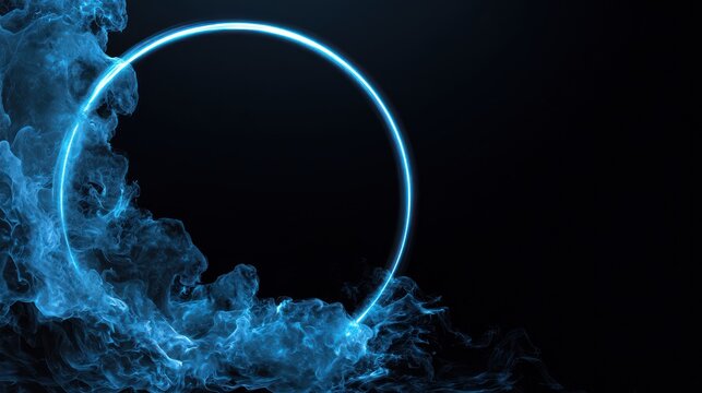 A captivating blue neon circle emerges from a cloud of smoke against a dark background, creating a mysterious and ethereal atmosphere - Powered by Adobe