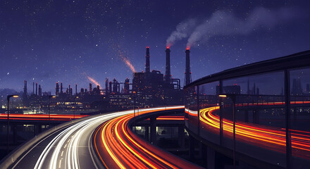 Night Highway Lights Speeding Past Industrial Complex Under Starry Sky
