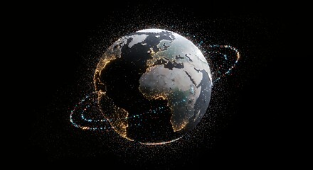 Globe Earth with Orbiting Satellite Lights in Space Showing Continents and Night Lights