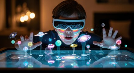 Young boy exploring digital galaxy with augmented reality headset