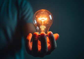 Hand holding a glowing incandescent light bulb in the dark
