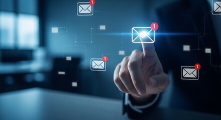 Hand interacting with digital email notifications in a futuristic interface