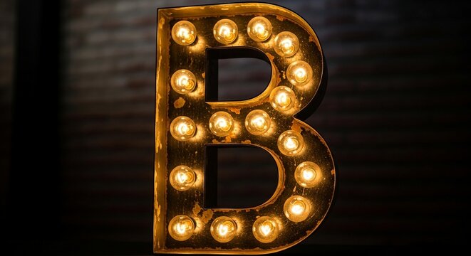 A close-up shot of a vintage marquee letter 'B' illuminated by numerous small light bulbs against a dark, textured background.
