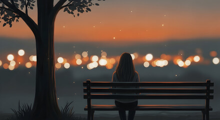 Solitude at Dusk Peaceful Evening Cityscape Girl on Bench