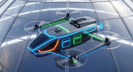 Sleek Futuristic Drone with Vibrant Neon Lights Hovering Above a Reflective Glass Dome