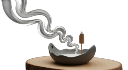 Incense smoke wisps from ceramic holder tranquil atmosphere
