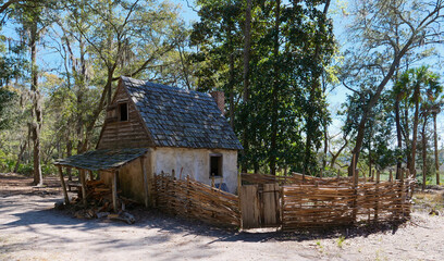 View of the  reconstructed colonial cabin at the Wormsloe State Historic Site in Savannah, Georgia, USA