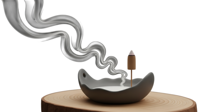 Incense smoke wisps from ceramic holder tranquil atmosphere