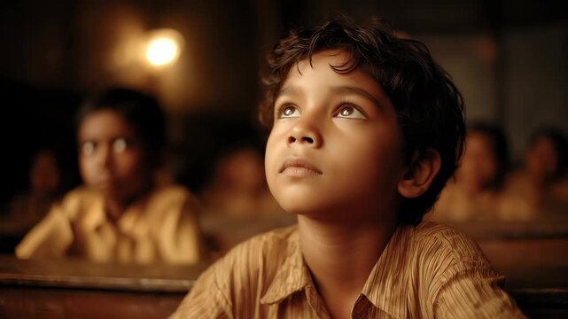 Indian Boy in Classroom Looking Towards a Bright Future