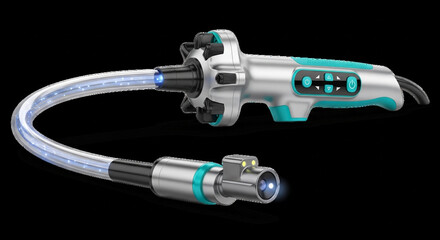 Sleek Industrial Videoscope with Luminous Blue Fiber Optic Cable and LED Camera Head.