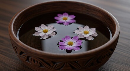 Fototapeta premium Floating Daisies in Round Wooden Bowl with Water on Wooden Surface