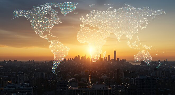 Digital World Map Overlay on City Skyline During Sunset with Light Dots and Global Connectivity - Powered by Adobe