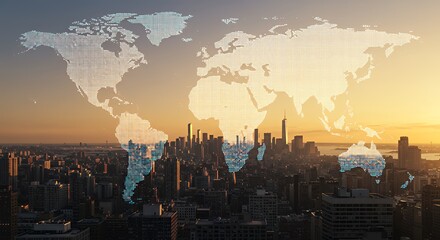 City Skyline at Sunset with Digital World Map Overlay