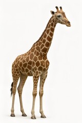 Obraz premium Giraffe isolated on white background. Wildlife, safari adventures, and the beauty of nature. Themes related to zoology, travel, ecology, and conservation