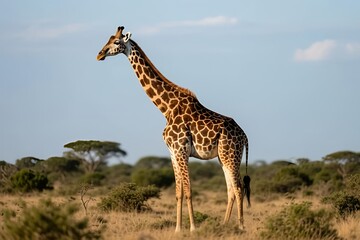 Obraz premium Giraffe in the wild. Wildlife, safari adventures, and the beauty of nature. Themes related to zoology, travel, ecology, and conservation