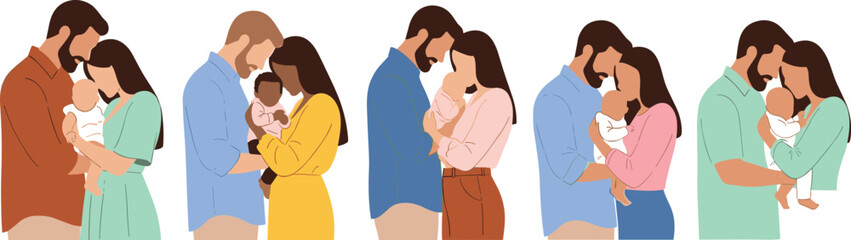 Happy parents holding newborn babies in loving embrace, diverse couples bonding with infants, family love and parenthood vector illustration