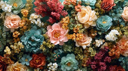 Artificial floral wall with colorful vintage style flowers arranged as decorative background, elegant retro botanical design for wallpaper, interior decoration, and creative backdrop themes