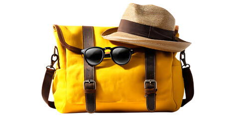 Yellow travel bag with sunglasses and hat.