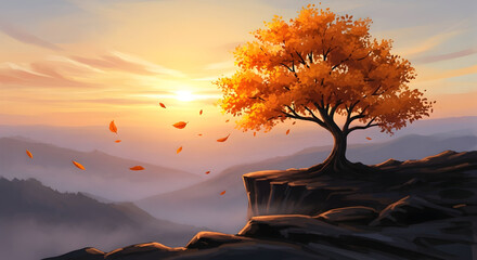Golden Autumn Tree on Clifftop Sunrise Peaceful Nature Scene