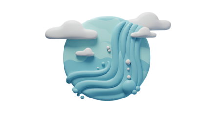 Whimsical cloud and waterfall scene with gentle waves and sky