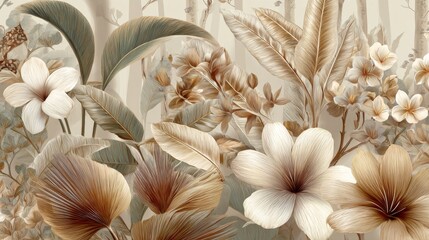 Minimalist beige botanical wallpaper background with elegant leaf pattern, soft neutral tones for modern interior design, nature inspired decorative backdrop, stylish floral wall texture for home and 
