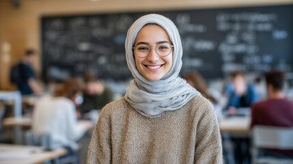 A Muslim female teacher in a modern classroom, smiling warmly at students, chalkboard behind her filled with handwritten formulas