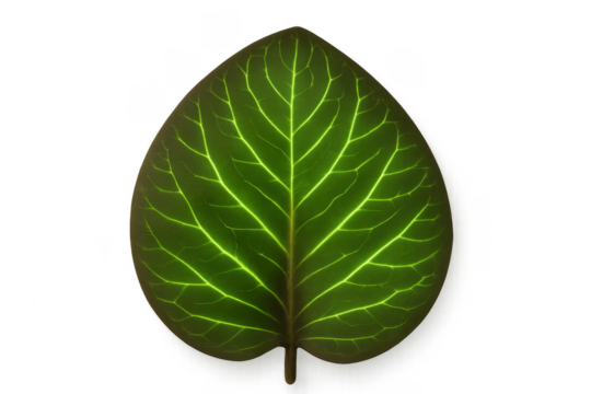 Glowing green leaf with transparent background showing veins structure - Powered by Adobe