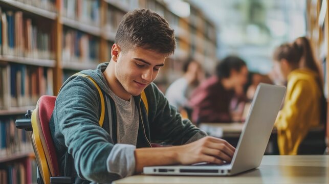 Student using laptop in library