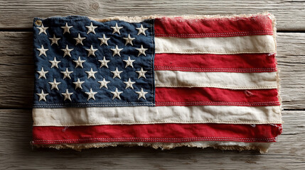 Patriotic United States Flag Display With Blank Space For Text On White Worn Wood Background