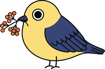 Cute bird character, yellow body, blue wings, berry branch, cartoon animal, flat vector, silhouette, cad drawing, playful style