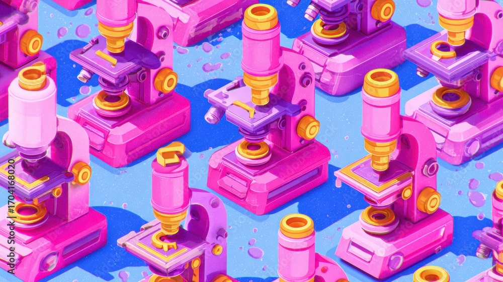 Poster colorful microscopes arranged in a vibrant pattern showcasing scientific exploration in a playful se