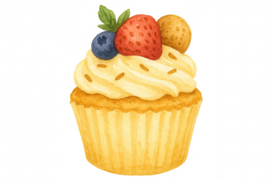 Yellow-frosted cupcake adorned with strawberry, blueberry, cookie, mint garnish, hand-painted watercolor rendering against transparent backdrop - Powered by Adobe