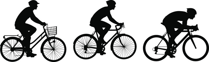 Obraz premium Silhouette Vector Illustration of Male Cyclists Riding Bicycles for Commuting, Fitness, and Professional Road Racing on White Background