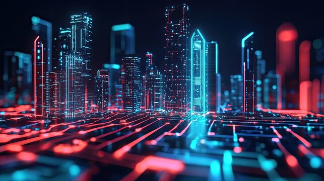 Futuristic cityscape on circuit board