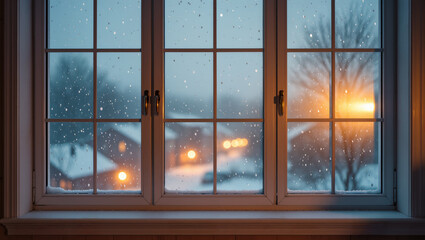 Christmas snowy evening view through window with frosted glass and glowing warm lights outside in winter village scene