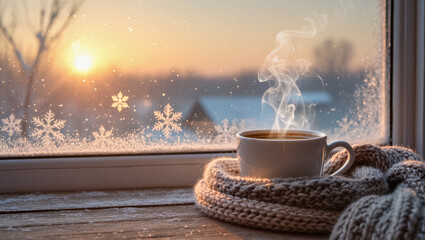 Christmas morning with hot drink in white cup near frosted window with snowflakes and warm knitted scarf at sunrise