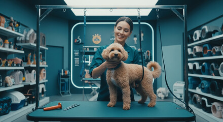 Smiling Groomer Prepares a Poodle for a Haircut in a Modern Pet Salon