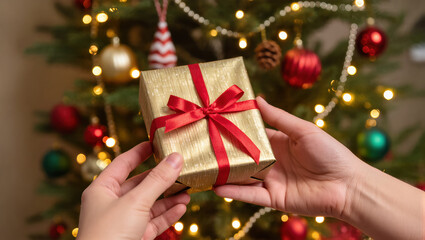 Christmas gift wrapped in golden paper with red ribbon being exchanged near decorated tree with lights and ornaments
