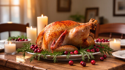 Christmas roasted turkey on festive wooden table with candles, cranberries, rosemary and warm holiday atmosphere