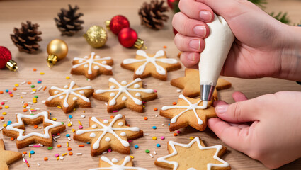 Christmas cookies being decorated with white icing by hand on wooden table with festive ornaments and sprinkles