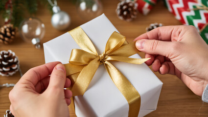 Christmas gift in white wrapping with gold ribbon being held by hands near festive decorations and pinecones
