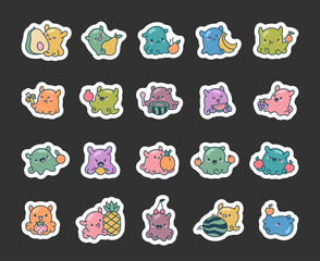 Dumbo octopus fruit cute kawaii character set showing adorable marine animals holding different food and smiling happily, for your illustration and creative designs projects