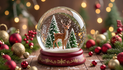 Christmas snow globe with reindeer and snow-covered trees on festive wooden table with ornaments and pine branches