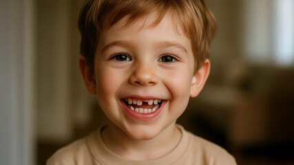 Happy smiling young boy with missing tooth looking at camera indoors, natural light portrait