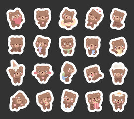 Teddy bear character set in scandinavian style showing different emotions and poses including valentine, reading, studying, eating, drinking, holiday, school, food, cinema