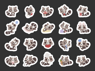 Raccoon character set in scandinavian style showing different emotions and poses including sleeping, studying, cooking, shopping, celebrating, reading, singing relaxing and holding food
