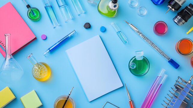 Chemistry focused flat lay colorful notebooks lab instruments learning tools for students back to school science concept
