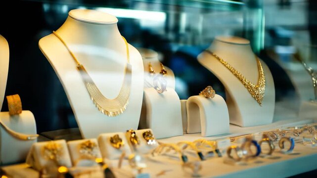 Luxury jewelry store window display with expensive gold necklaces. A rich selection for wealthy clients. View from street with city reflections. 4K video. 