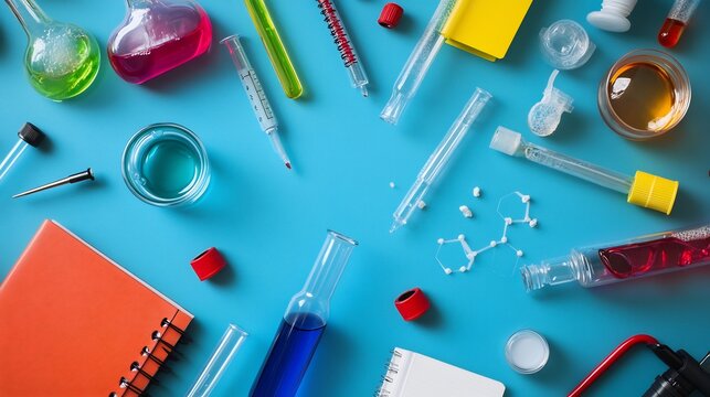 Chemistry focused flat lay colorful notebooks lab instruments learning tools for students back to school science concept